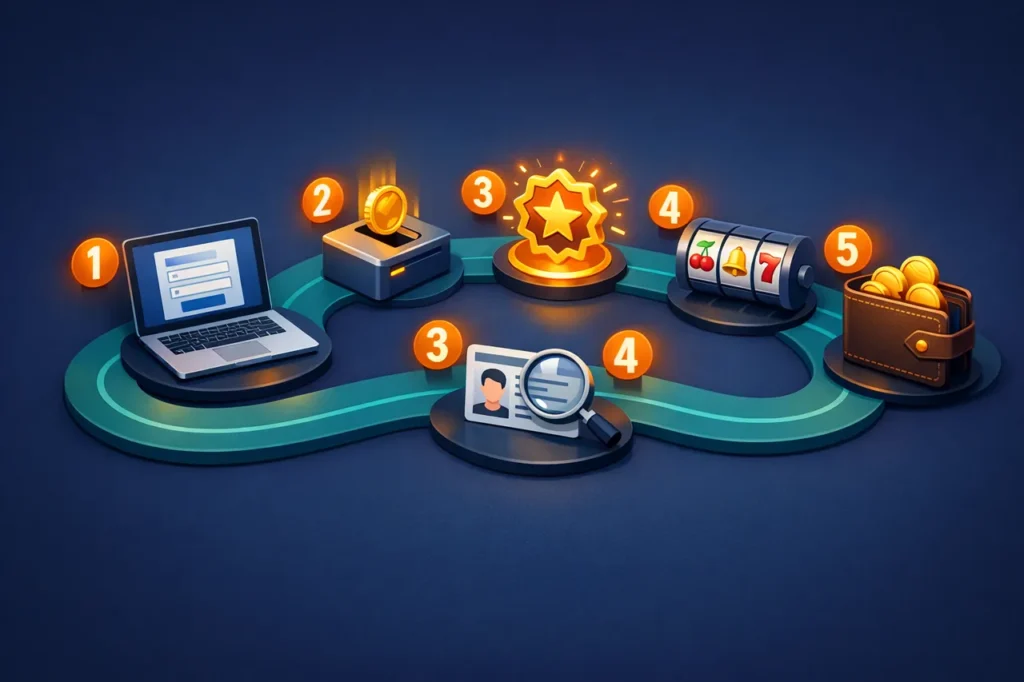 Isometrisches 6-Schritte-Flow-Diagramm zur Bonus-Aktivierung von Registrierung über KYC bis zur Auszahlung.
