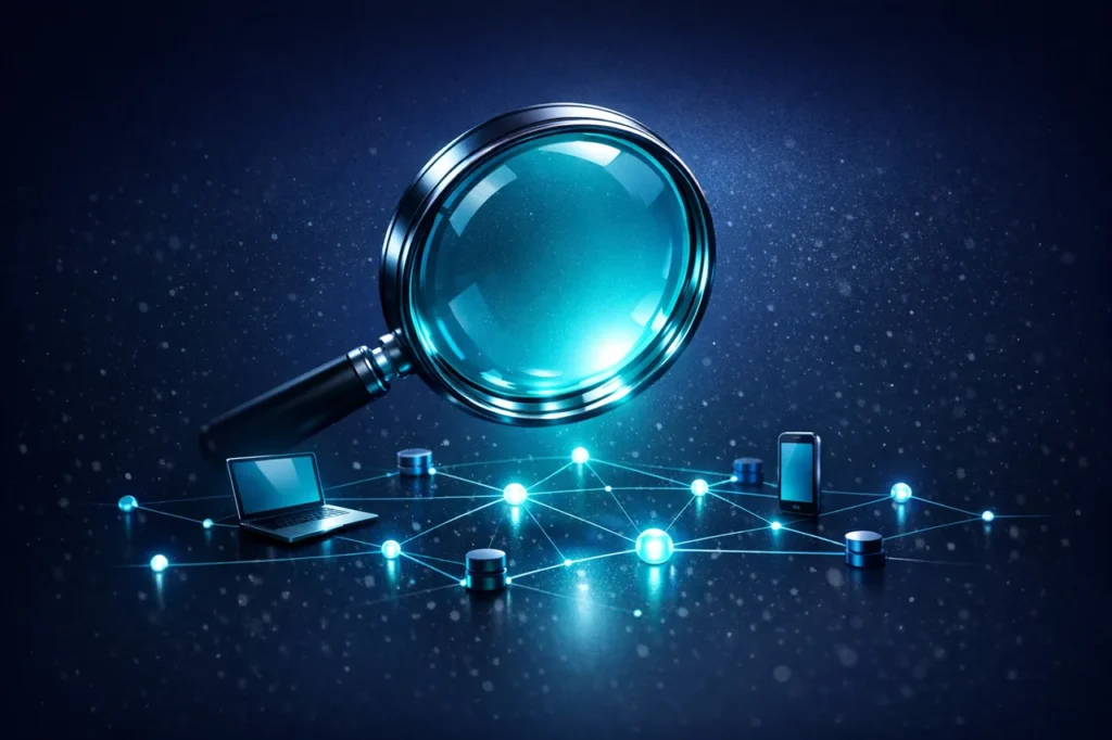 Eine cyanfarbene Lupe schwebt über einem Netzwerk aus Geräte-Icons und verbundenen Datenpunkten, Visualisierung der Bonus-Missbrauch-Erkennung.