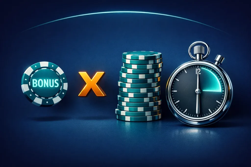 3D-Visualisierung der Umsatzbedingungs-Formel mit Multiplikator, 30-Tage-Countdown und Auszahlungs-Cap für Bonus-Berechnung.