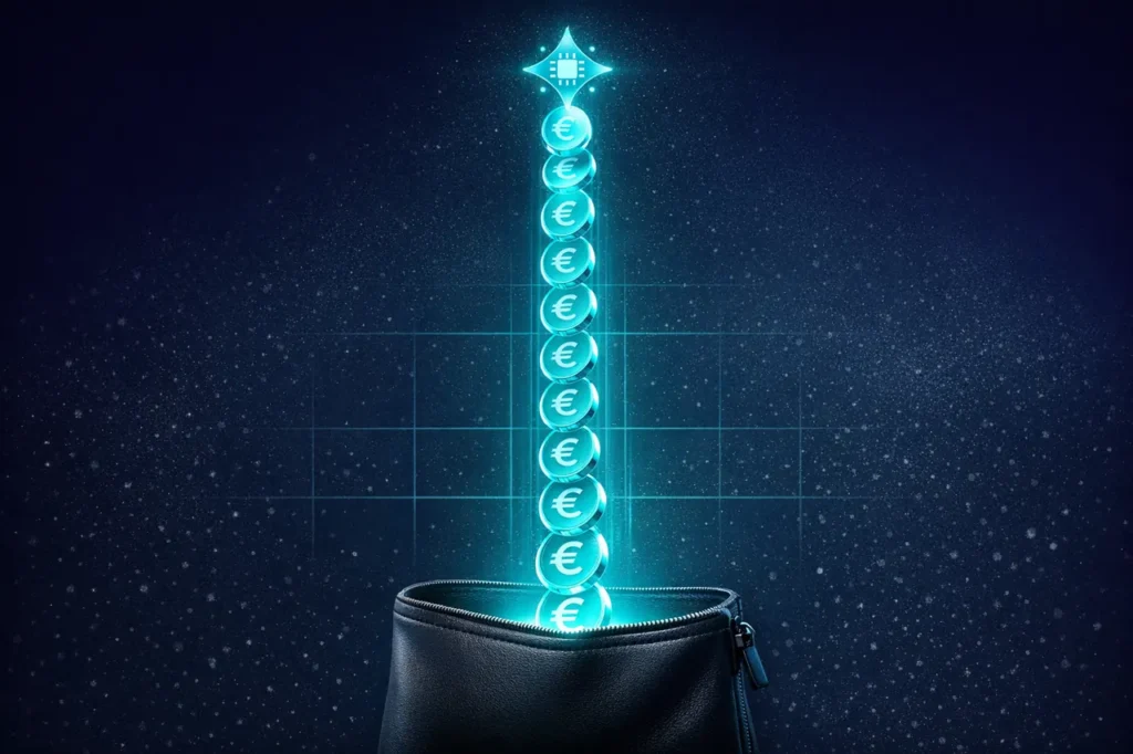 Ein cyanfarbener Strom aus glühenden Euromünzen fließt direkt aus einem Bonus-Symbol in eine Geldbörse ohne Umwege oder Verzögerung.