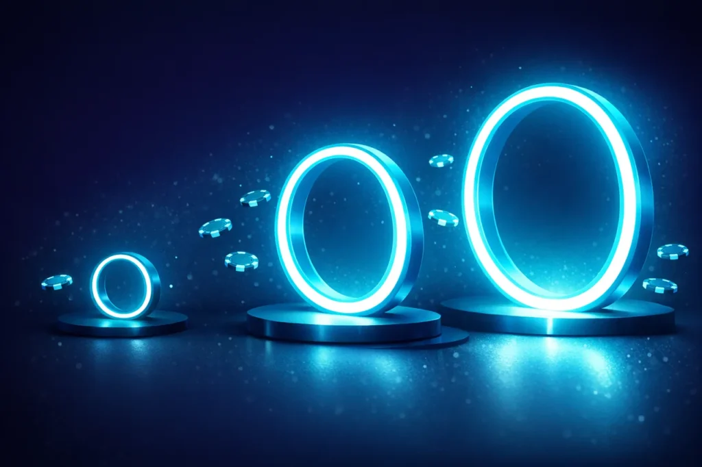 Drei aufsteigende leuchtende Ringe im indigo-cyan Editorial-Stil, symbolisieren die neue Staffelung des Einsatzlimits bei GGL-Anbietern ab Juli 2026.
