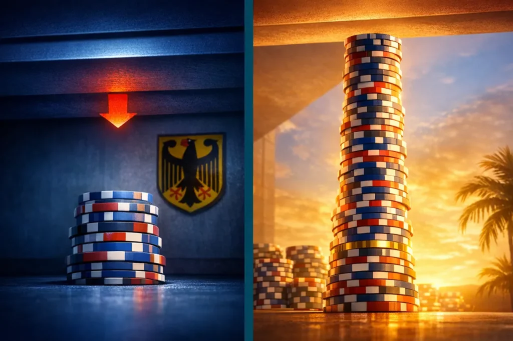 Split-Screen-Vergleich des restriktiven GGL-Bonus-Rahmens gegen den weiten offshore Regulierungs-Rahmen mit Bonus-Größen-Kontrast.