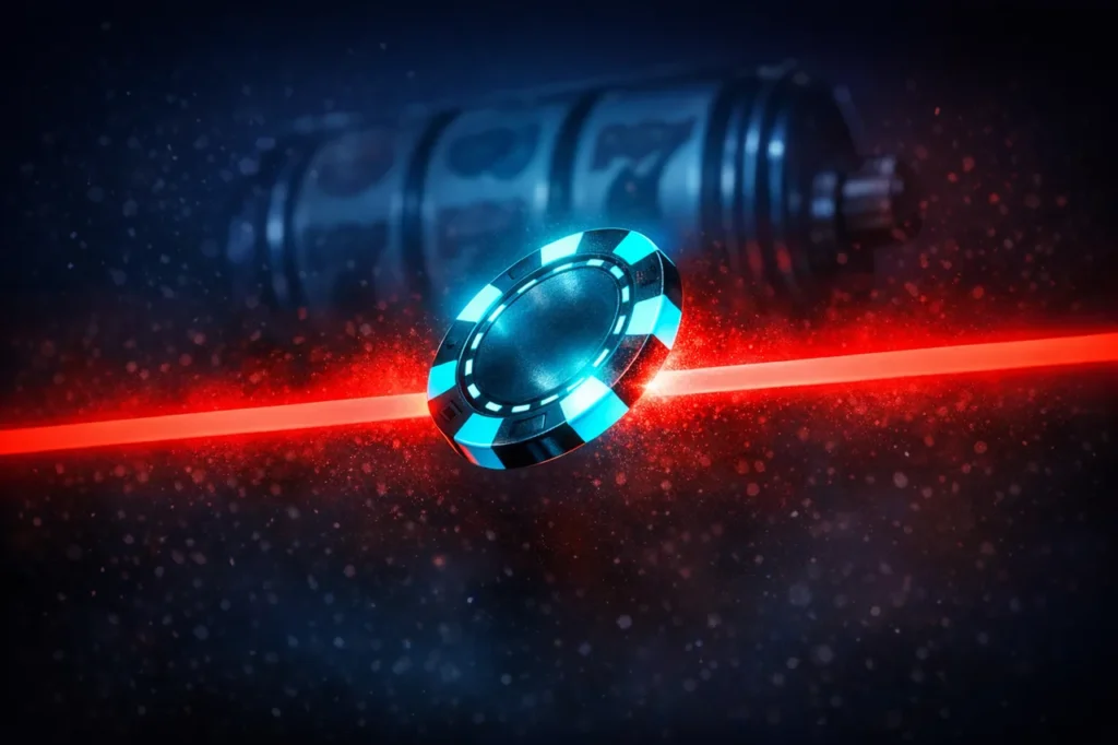 Ein cyanfarbener Casino-Chip überschreitet eine rote Warnlinie, symbolisiert die Verletzung des Höchsteinsatzes während der Bonusphase.