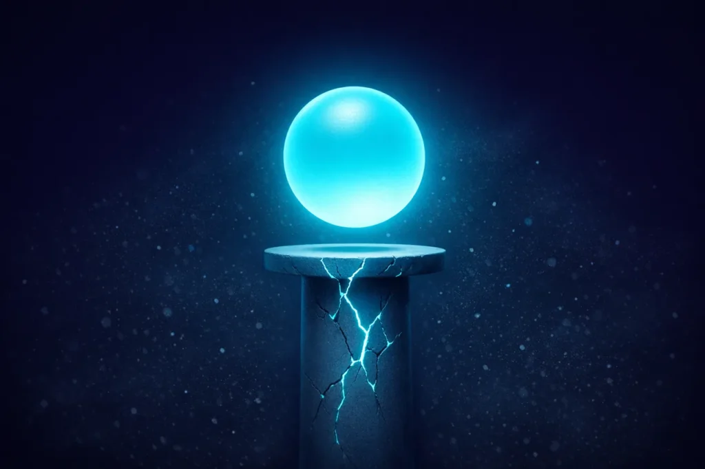 Ein neuer glühender cyanfarbener Orb balanciert auf einem dünnen Podest mit Haarrissen, symbolisiert die strukturelle Unsicherheit sehr junger Anbieter.