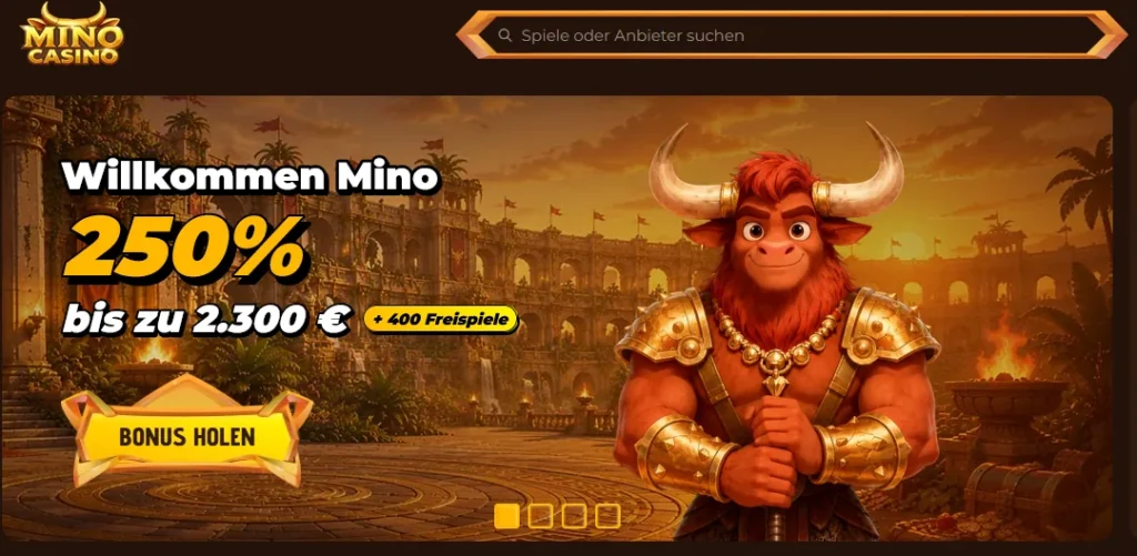 Mino Casino Logo mit rotem Stier-Emblem und großzügiger Bonus-Struktur im offshore Segment.