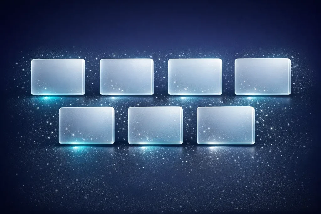Vier leuchtende cyanfarbene Icons als kompaktes Grid, symbolisieren frische Neuzugänge im offshore Casino-Markt im indigo Editorial-Stil.