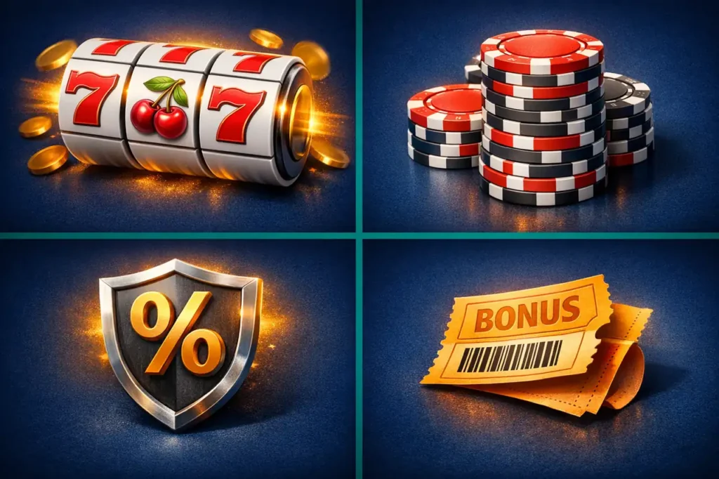 Vier-Quadranten-Illustration der Bonus-Typen ohne Einzahlung: Freispiele, Startguthaben, Cashback und Bonus-Codes.
