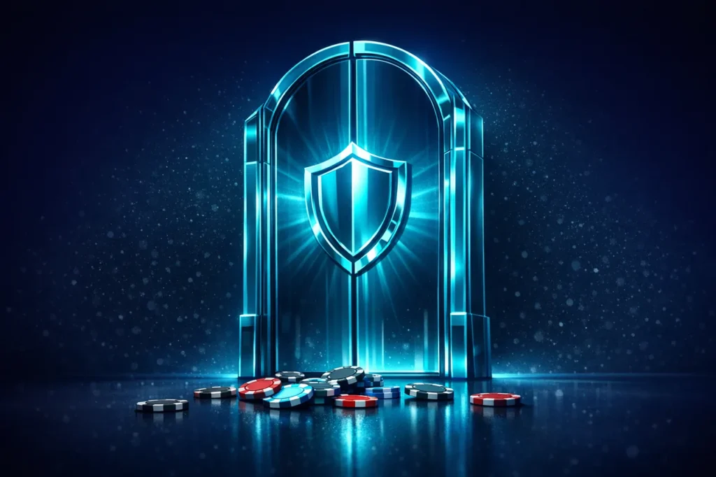 Ein geschlossenes cyanfarbenes Portal mit Schild-Motiv symbolisiert das OASIS-Sperrsystem, betrieben vom Regierungspräsidium Darmstadt.