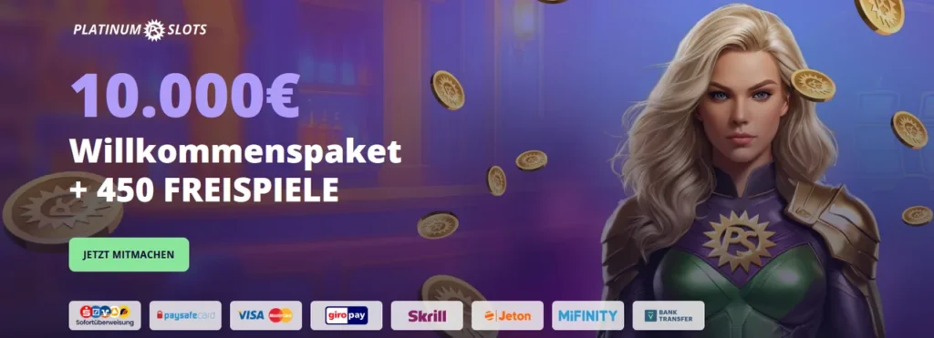 PlatinumSlots Casino Logo im dunkelvioletten Header-Design mit stilisierten Slot-Symbolen.