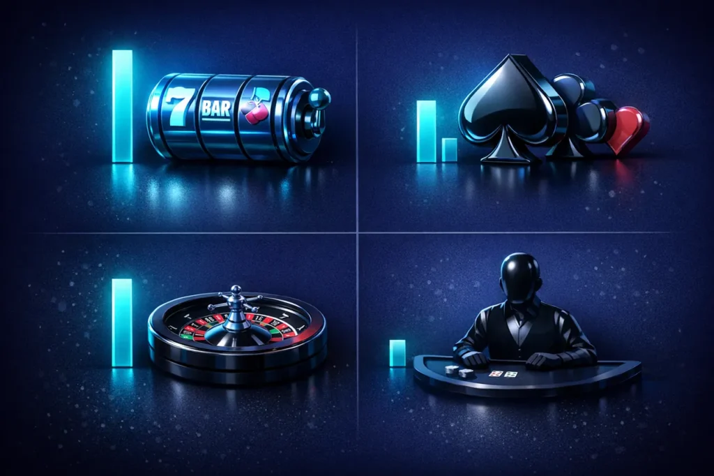 Vier Spielarten in einer Matrix, Slot, Karte, Roulette und Live-Casino mit cyanfarbenen Balken unterschiedlicher Höhe für die jeweilige Umsatz-Gewichtung.