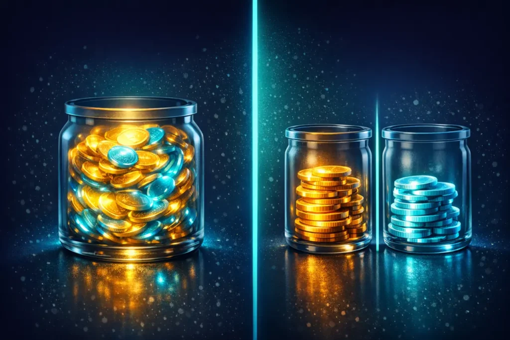 Zwei transparente Glasbehälter im Vergleich, links vermischte Münzen für sticky Bonus, rechts sauber getrennte Stapel für non-sticky Bonus.
